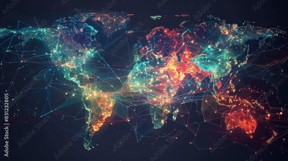 Poster a map of the world glowing with an array of lights, indicating urban areas and population centers.