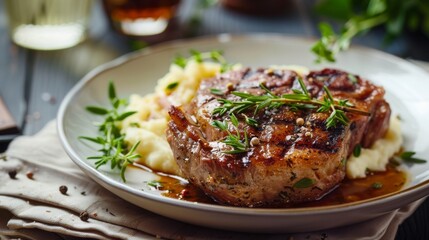 Juicy pork steak garnished with herbs and served with mashed potatoes, epitomizing comfort food at its finest