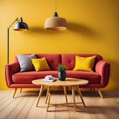 sofa with wooden table in a dark yellow background, living interior with sofa