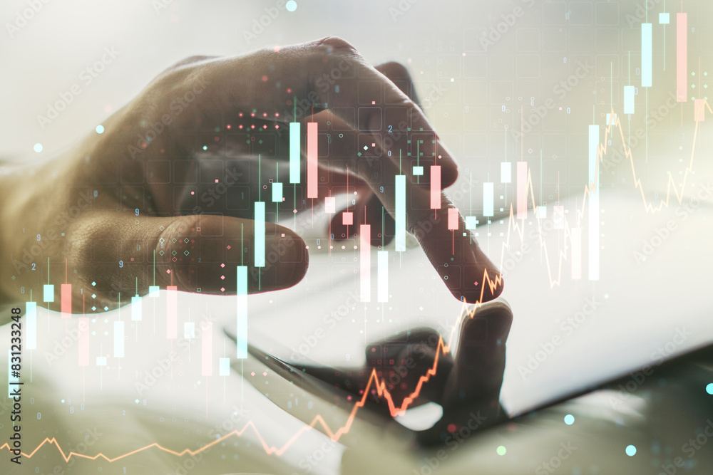 Poster double exposure of abstract creative financial diagram with finger clicks on a digital tablet on bac