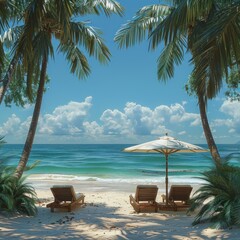 Beautiful tropical beach with two sun loungers under umbrellas. The white sand is covered in palm tree style and there are no people around. It feels peaceful and relaxing.