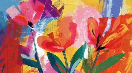 Vibrant abstract painting with stylized red tulips against a textured backdrop