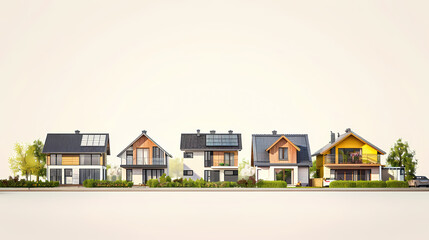 set Classic and modern family house residential apartment buildings. Real estate home property. Set Contemporary standard suburban urban village style with gable and flat roof solar panels.