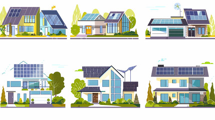 Fototapeta premium set Classic and modern family house residential apartment buildings. Real estate home property. Set Contemporary standard suburban urban village style with gable and flat roof solar panels.