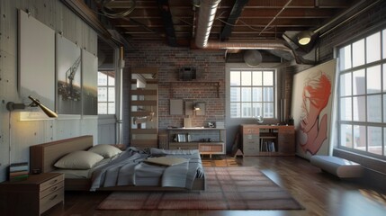 Loft bedroom with industrial-style accents, exposed ductwork, and a platform bed, maximizing space in a modern urban setting