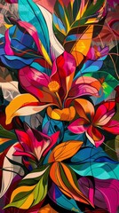Vibrant abstract painting featuring stylized floral elements with dynamic colors