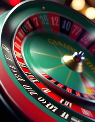 A detailed close-up of a roulette wheel in motion inside a casino. The vibrant colors and dynamic spin capture the excitement and anticipation of gambling.. AI Generation