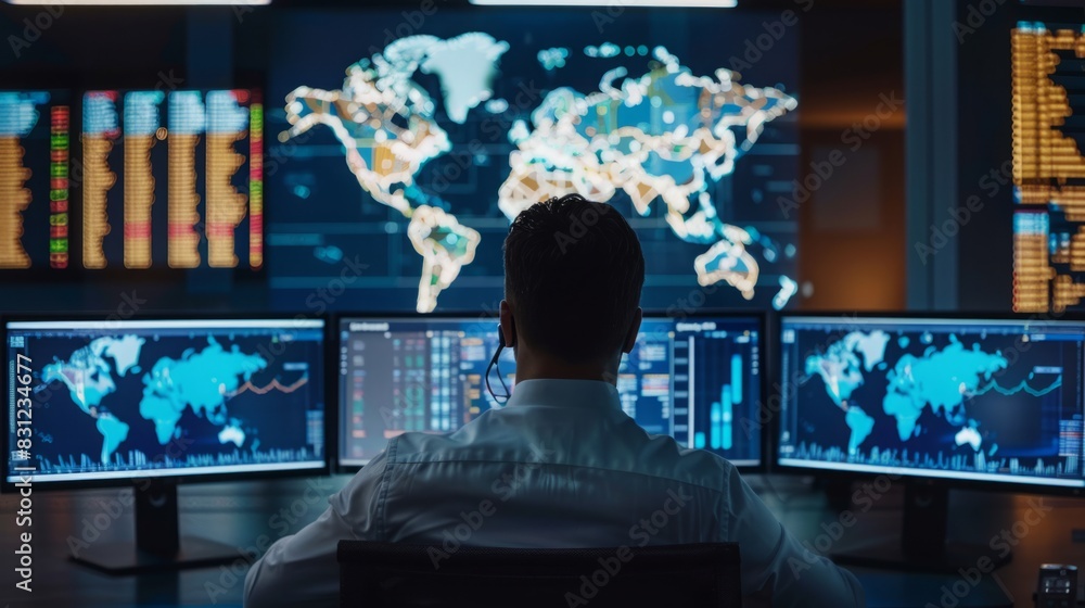 Poster a man is seated at a desk in front of numerous computer monitors, focused on work or research. the s