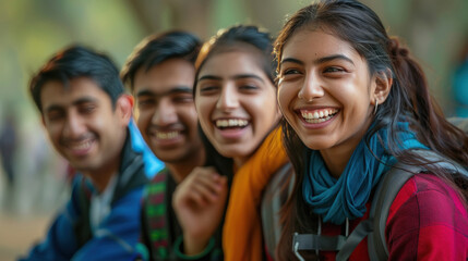 Cheerful beautiful Indian Asian young group of college students