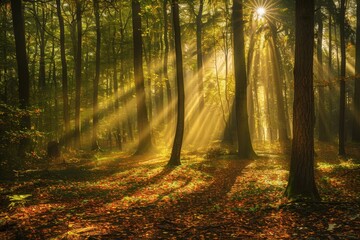 Fototapeta premium A peaceful forest clearing with shafts of golden sunlight filtering through generated by AI