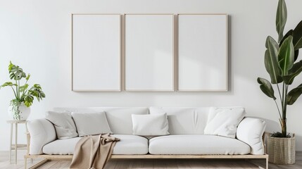 3 empty vertical frames mockup on the wall, minimalistic interior design of a modern living room with a sofa and decorative plants