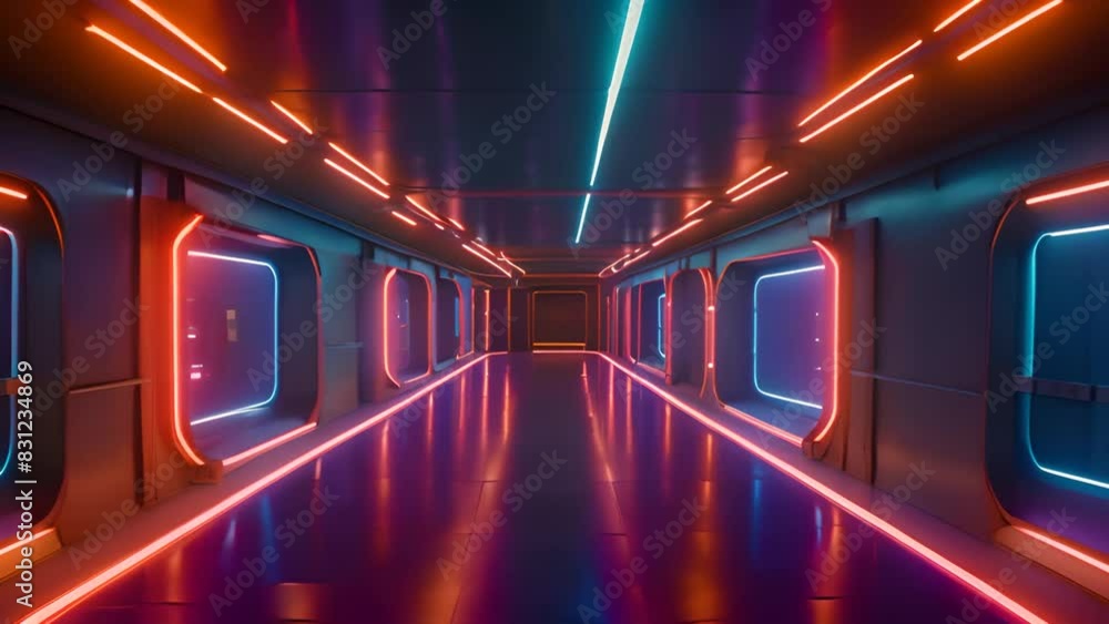 Poster long hallway illuminated with neon lights and windows generative ai