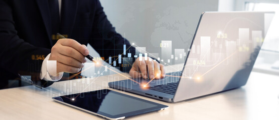 Businessman draw growth graph and investment analysis. Financial marketing graph and profit stock market chart.Business increase, profit,goal,grow,analysis, development and success. 
