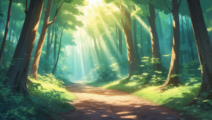An anime-style scene of a tranquil forest with sunlight filtering through the trees.
