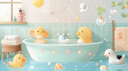 Joyful Baby Bath Time with Playful Toys and Gentle Washing A depicting a serene and lighthearted scene of a baby enjoying a fun filled bath surrounded by cheerful rubber duckies and other vibrant