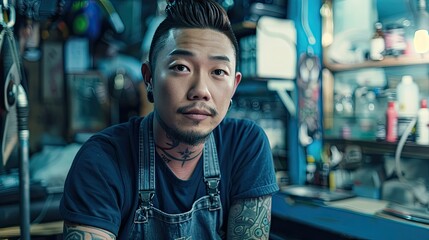 Fototapeta premium A man covered in tattoos sits at a bar