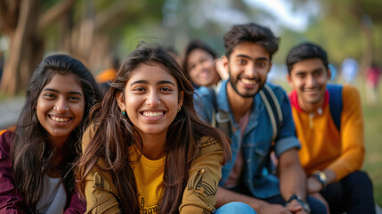 Cheerful beautiful Indian Asian young group of college students