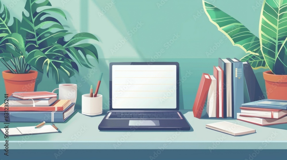 Poster productive remote learning setup with laptop and textbooks of a distanced education environment with