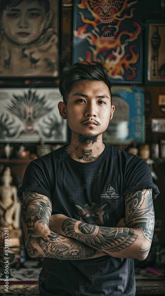 Poster Man with tattoos standing by graffiti-covered wall