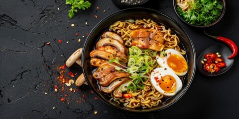 A bowl of ramen noodles with egg, mushrooms and vegetables on a black background
