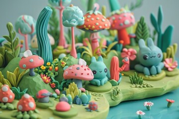 Handmade clay art of a magical forest with adorable fantasy animals and mushrooms
