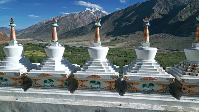 Buddhist stupa in the Himalayas, Little Tibet from a drone, Zanskar from the air