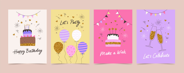 Happy birthday card set with cake, balloons and calligraphy. Cute bright vector templates