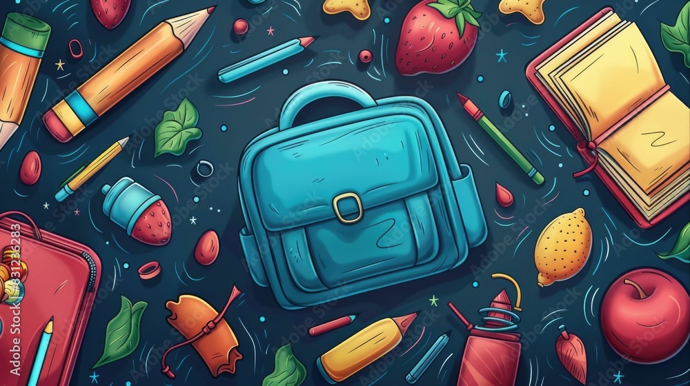 Aufkleber vibrant depicting an array of education themed objects and patterns including notebooks pencils book