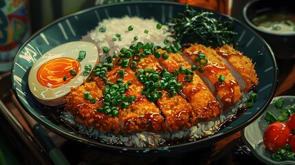 Fototapeta premium Mouthwatering Japanese Pork Cutlet Dish with Fragrant Rice and Garnishes