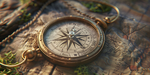 a close up image of a beautiful old fashioned brass compass The compass is sitting on a dark surface.
