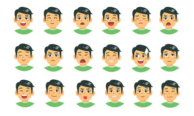 Set of kid`s emotions. Facial expression. Cartoon boy avatar. Vector illustration of cartoon child character