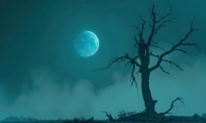 A tall dead tree in the foggy night sky with moon