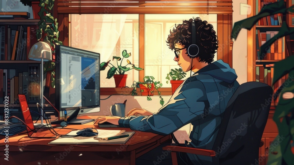 Aufkleber focused student engaging in remote learning from cozy home setup a depicting an individual student w