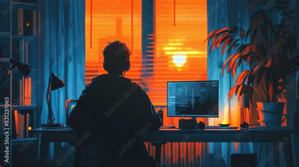 Poster this image depicts a modern minimalist home office setup designed for a student engaged in remote le