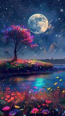 Naklejka premium a colourful tree with vibrant flower on the grass at the side of river with the backgroud of full moon at night