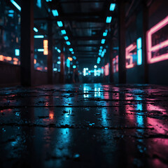 Realistic bokeh photograph depicting a dystopian cyberpunk Highway Road scene, Cyberpunk neon light street 