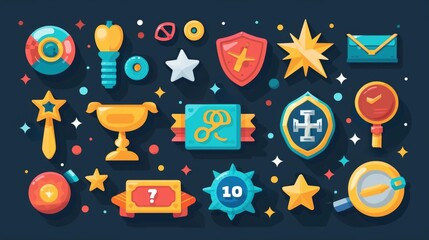Personalized Achievement Board with Badges and Stickers for Completed Milestones of Gamification Interface Design with Flat Style Icons and Symbols for Education Motivation and Success