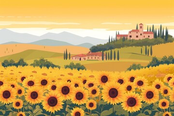 Scenic landscape with vibrant sunflower field and rustic countryside buildings against a backdrop of rolling hills and a golden sunset.
