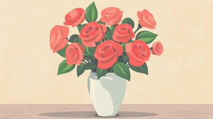 Illustration of a bouquet of roses in a vase flat design front view romantic gesture theme cartoon drawing Complementary Color Scheme