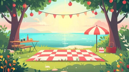 Serene picnic setup by the seaside with a checkered blanket, festive bunting, and an inviting view of the ocean on a peaceful day.