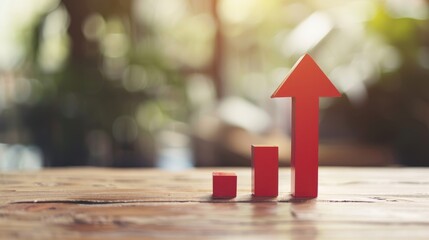 Upward-trending blue arrow on a steel table, blurred background. Perfect for illustrating financial growth and success in a contemporary setting