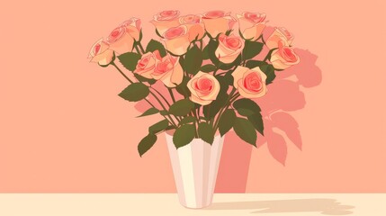Fototapeta premium Illustration of a bouquet of roses in a vase flat design front view romantic gesture theme cartoon drawing Complementary Color Scheme