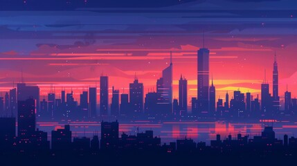 Stunning modern city skyline at dusk with vibrant purple and orange hues reflecting on water, creating a mesmerizing urban sunset scene.