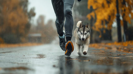 A man runs with his dog along a road in the park. Jogging with your pet in rainy weather.