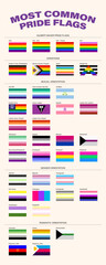 All Common Pride Flags including Umbrella Pride Flags, Sexual Orientation Pride Flags, Gender Orientation Pride Flags, and Romantic Orientation Pride Flags