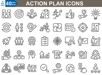 The action plan icons showcase modern designs for tasks, goals, timelines, and progress tracking, perfect for project management and productivity apps.