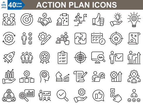 The action plan icons showcase modern designs for tasks, goals, timelines, and progress tracking, perfect for project management and productivity apps.