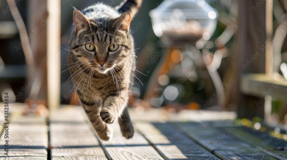 Poster mischievous cat sprinting across a wooden deck, with a bird feeder in the background, emphasizing th