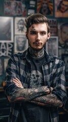 Obraz premium A man with tattoos facing a wall in an urban setting