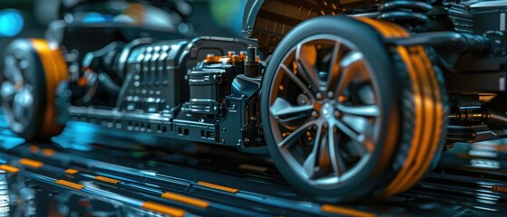 Fototapeta premium Battery technology, electric vehicle, clean transportation, close up, environmental benefits, vibrant, composite, dealership